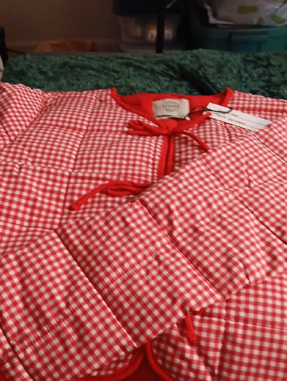 Stoosh Red and White Gingham Tie-Front Quilted Vest - Picture 4 of 10
